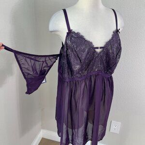 NEW Cacique Womens Plus 22/24 Purple Metallic Sheer Lace Babydoll Lingerie Set
